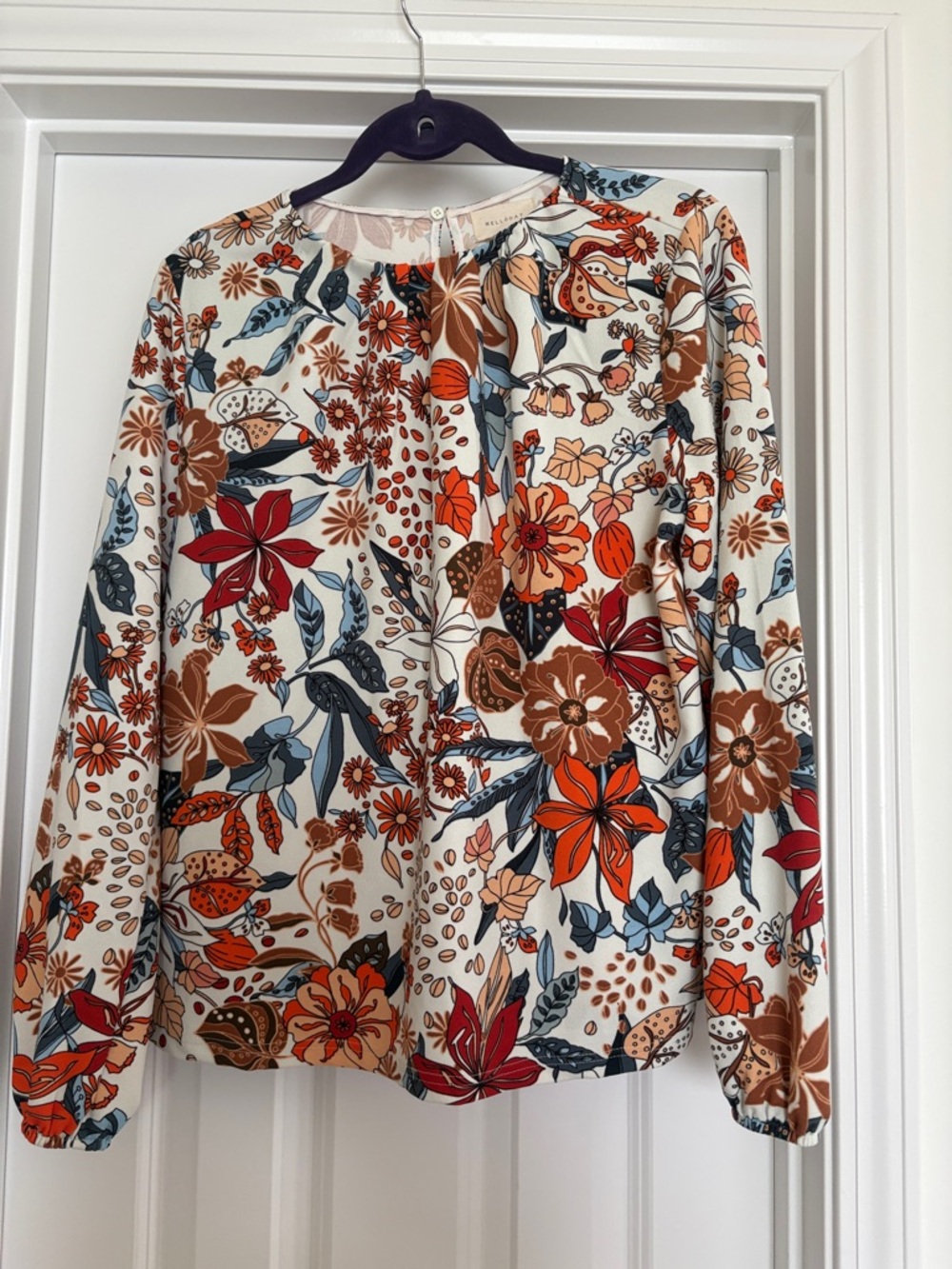MELLODAY Cream Blouse with Rust, Brown and Blue Floral Print